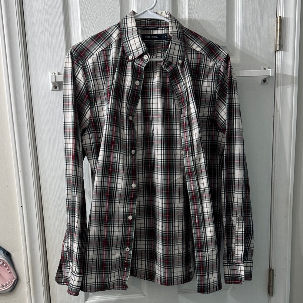 Nautica Men's Plaid Button-Down Shirt - Black, White, Red